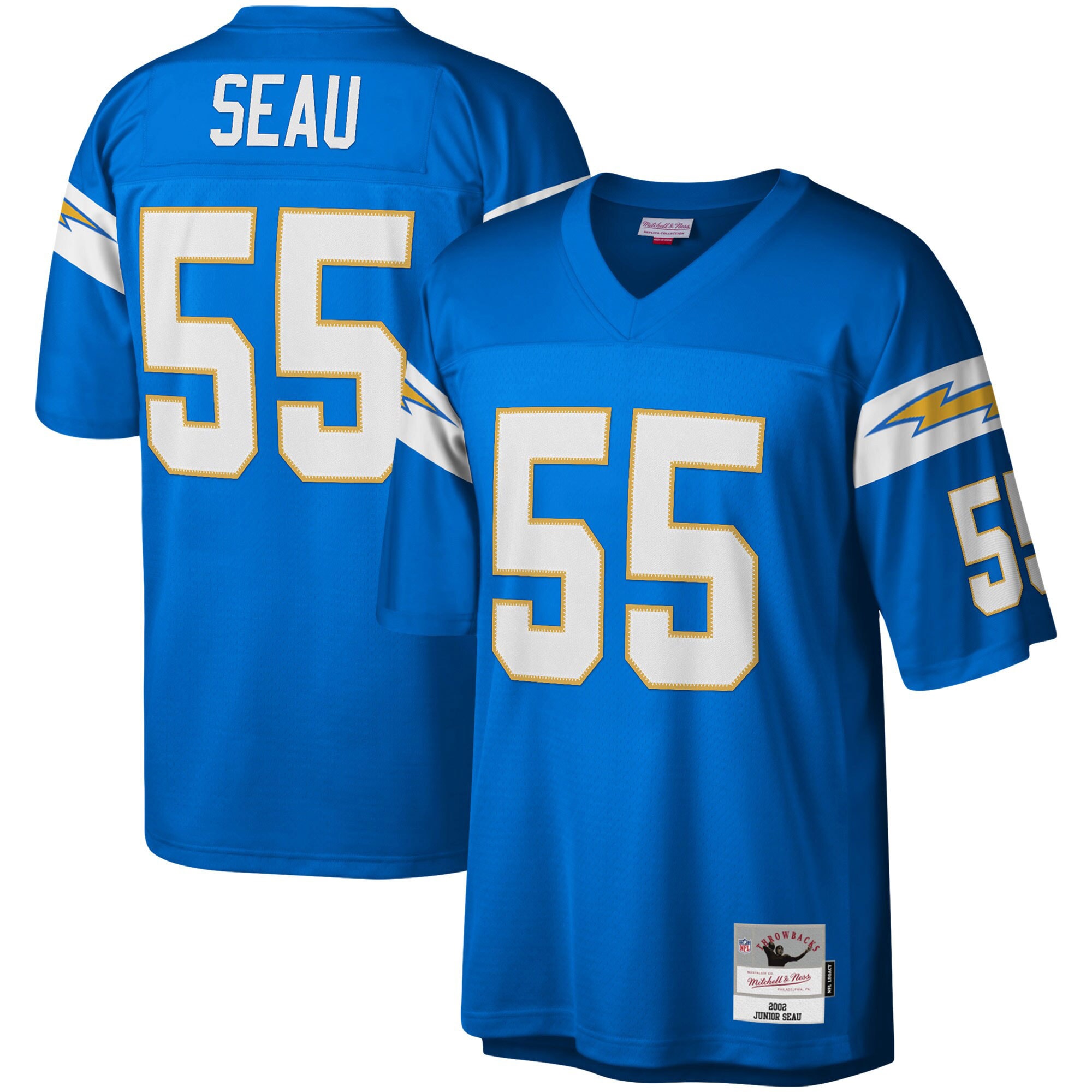 3F27E4BC-3894-8A3A-9818-CC9241A093CE Men's Los Angeles Chargers Junior Seau Mitchell & Ness Powder Blue Big & Tall 2002 Retired Player Replica Jersey