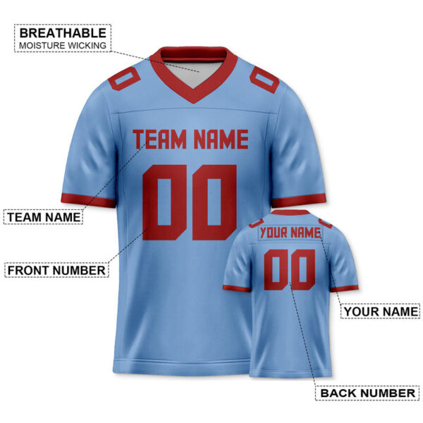 55B8CA3B-6F98-9812-1AB9-F892A83F3B43 Custom Light Blue Red Mesh Authentic Football Jersey